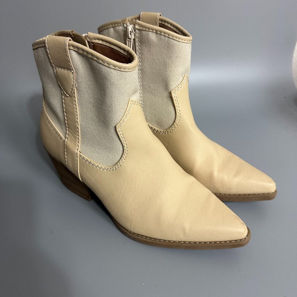 Cream Western Ankle Boots Pointed Toe Canvas Panel Block‎ Heel Beige Booties